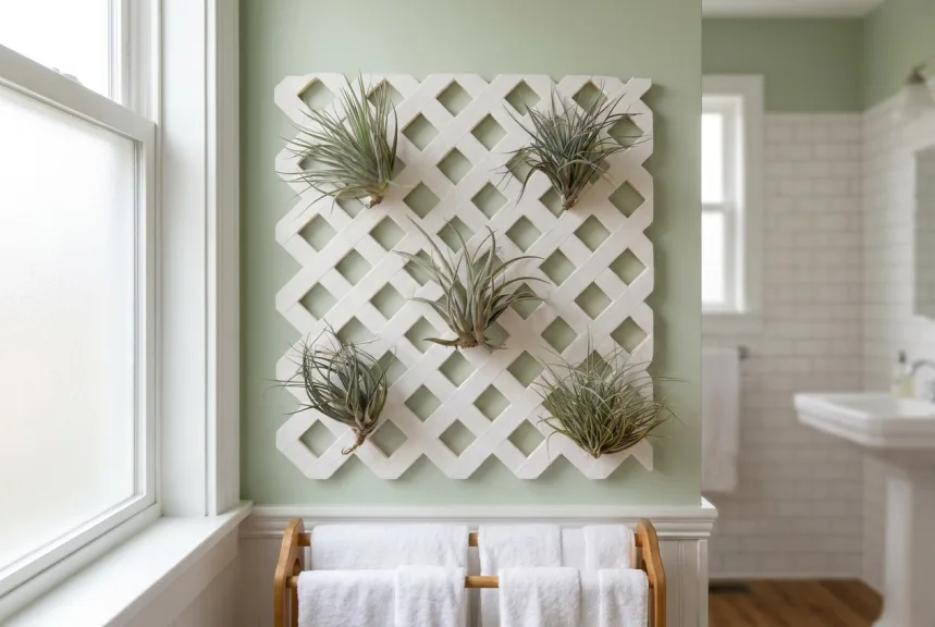 A white lattice air plant display with several live air plants on a bathroom wall
