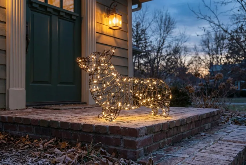 A lighted wire corgi topiary glowing on a brick front step at dusk