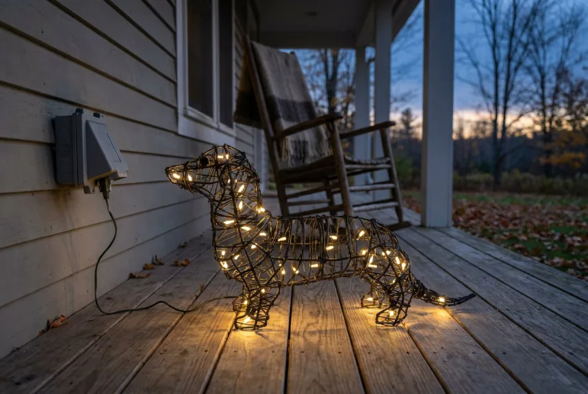 A lighted wire dachshund topiary glowing on a covered wooden porch in the evening
