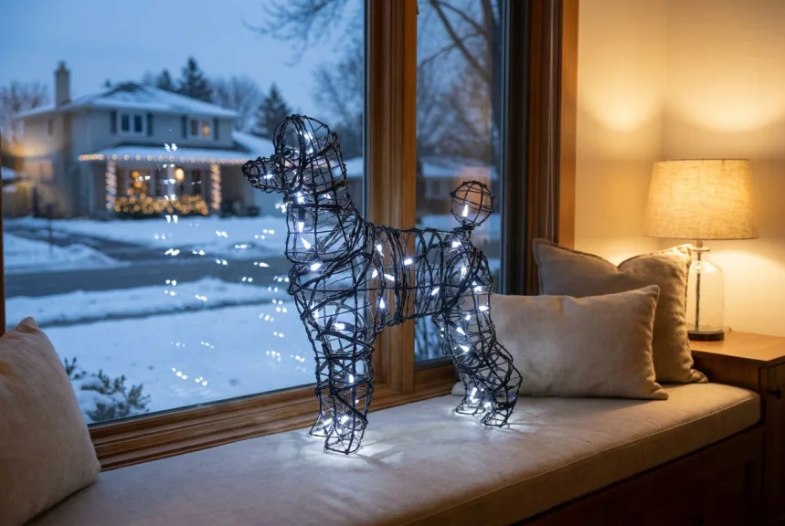 A lighted wire poodle topiary glowing on a window seat inside a living room