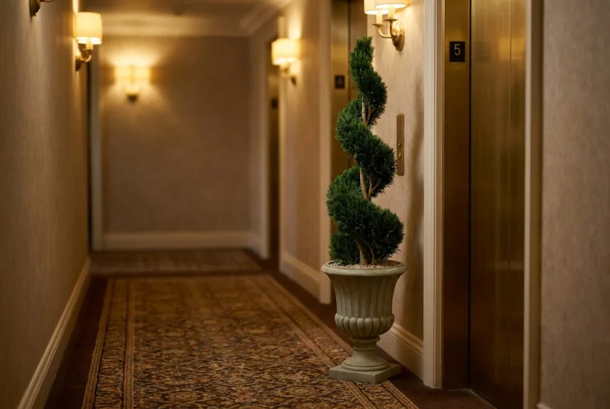 An artificial spiral cypress in a stone urn beside an elevator in a hotel corridor