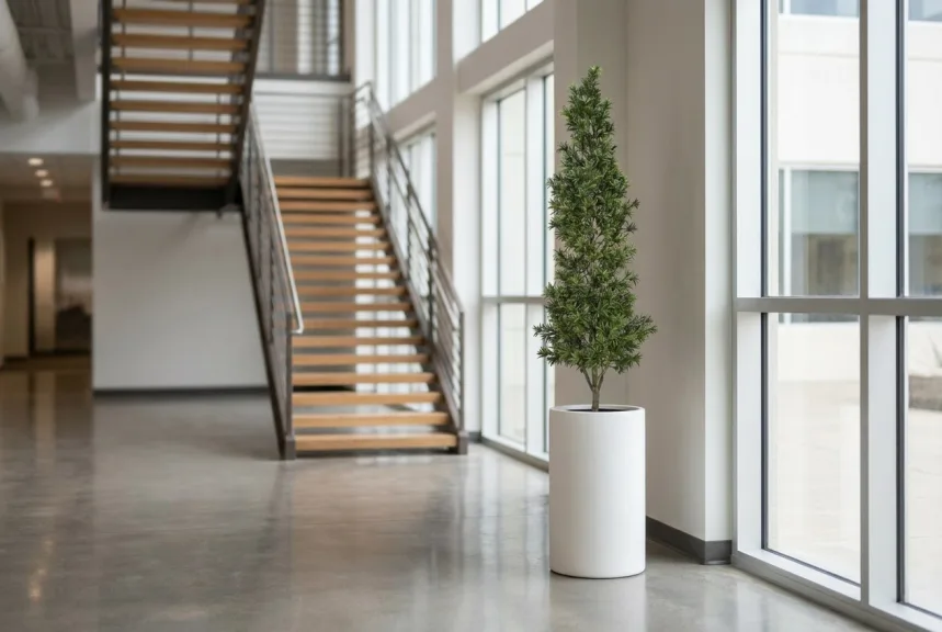 A tall artificial podocarpus tree in a white planter in an office atrium