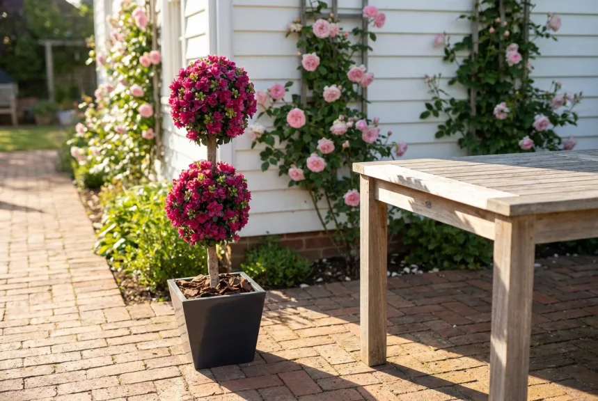 An artificial azalea double ball topiary with pink flowers on a sunny brick patio