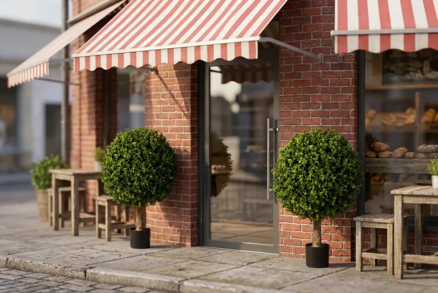 Two artificial boxwood ball trees beside a bakery door under a striped awning
