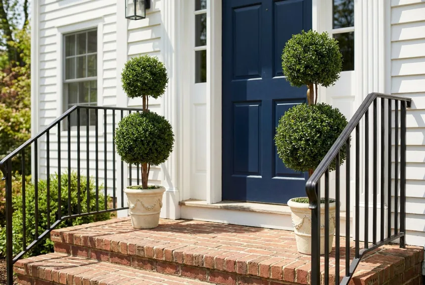 A pair of artificial double ball boxwood topiaries in cream urns beside a navy front door