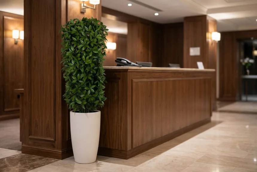 A tall artificial bay laurel topiary in a white planter beside a hotel reception desk