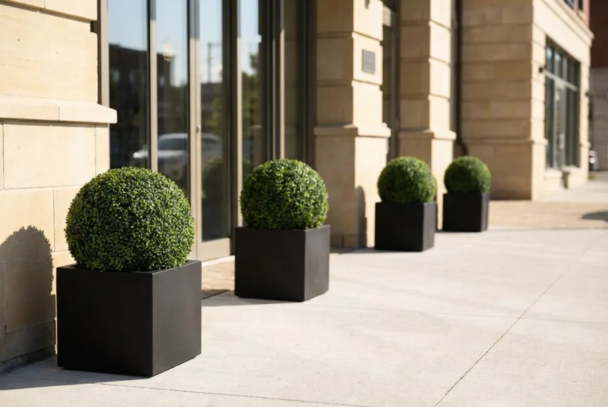 Four artificial boxwood balls in square black planters along a sunny hotel frontage