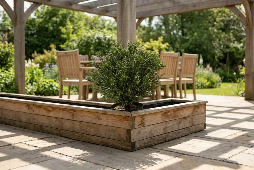 An artificial rosemary podocarpus shrub in a cedar planter box under a patio pergola