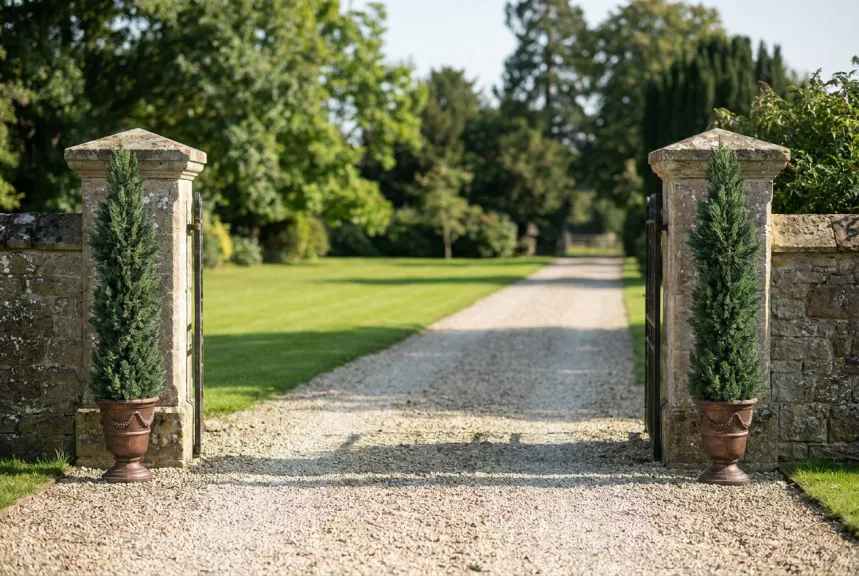 Two tall artificial cypress trees in bronze urns flanking stone gate piers on a driveway