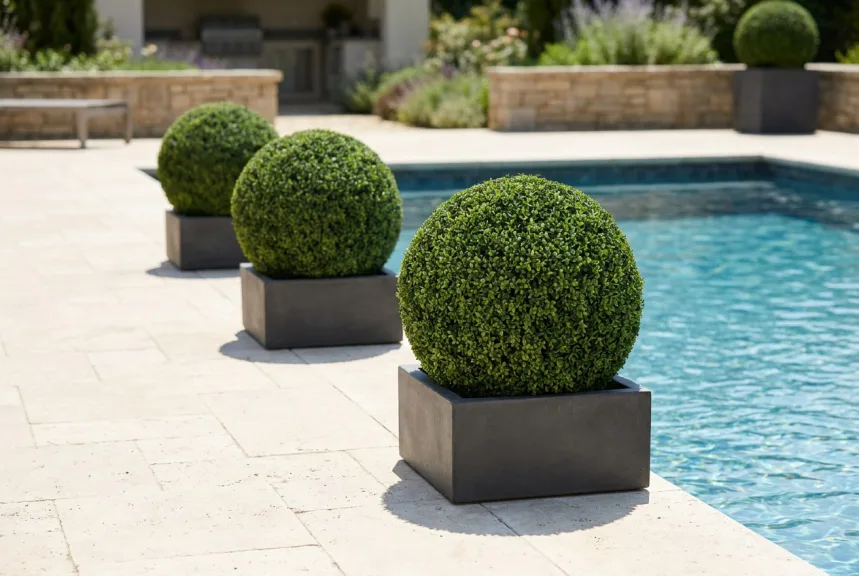 Three artificial boxwood balls in charcoal planters along a sunny travertine pool deck
