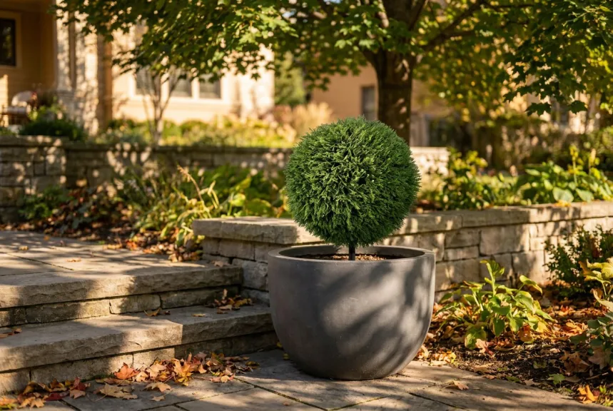 An artificial cedar ball on a stem in a gray planter on a shaded stone terrace