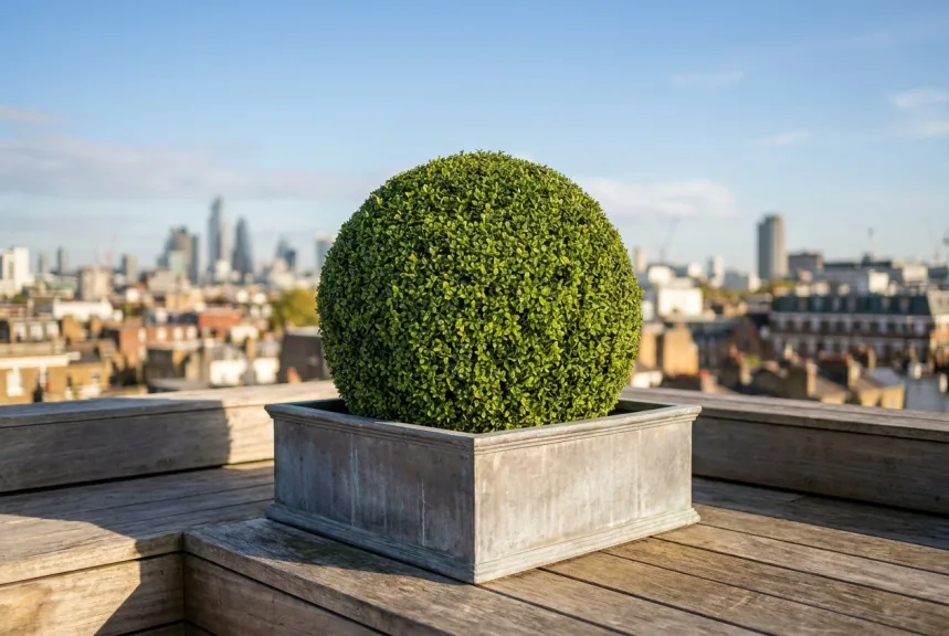 A large artificial boxwood ball in a square zinc planter on a sunny rooftop terrace