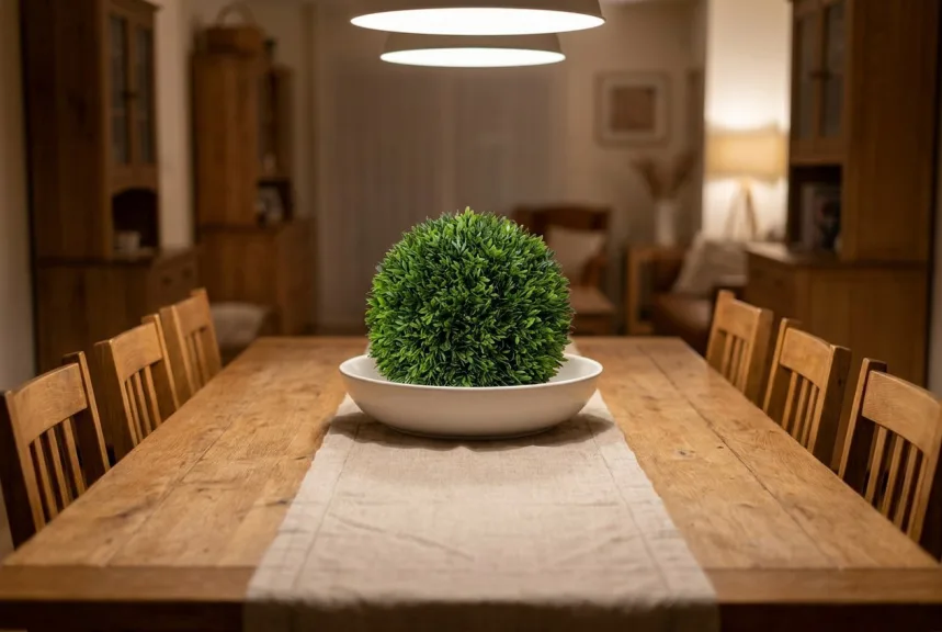 A small artificial podocarpus ball in a white bowl on an oak dining table