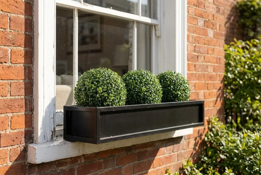 Three small artificial boxwood balls in a black window box on a brick townhouse