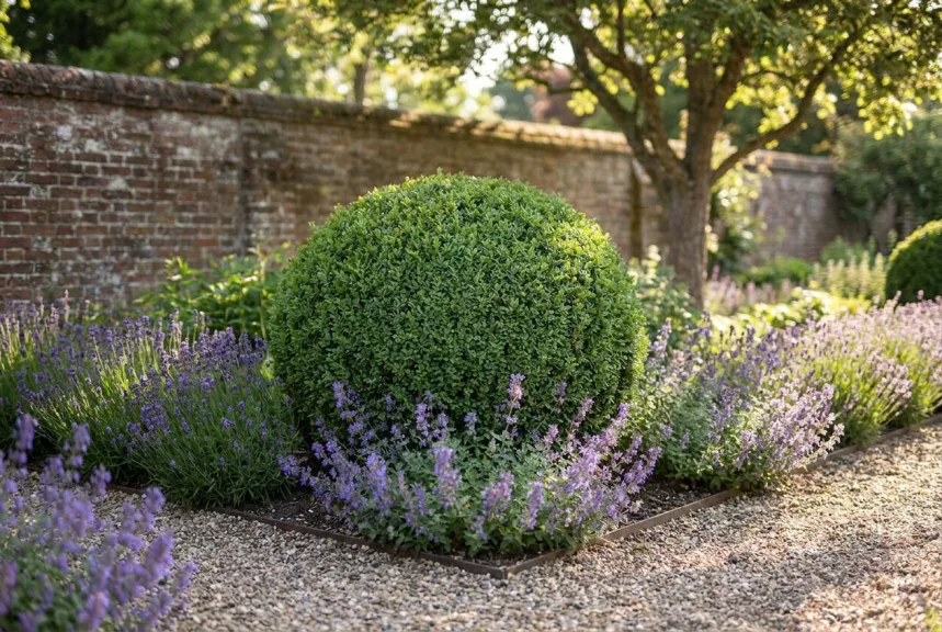 A large live boxwood globe planted at the corner of a garden bed