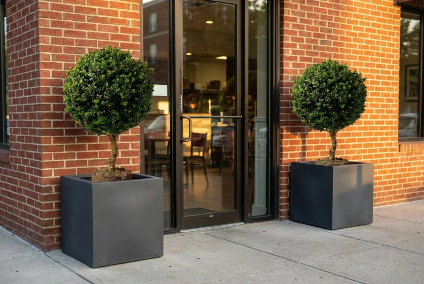Two live boxwood balls on stems in square gray planters beside a restaurant door