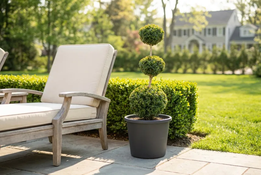 A live boxwood triple ball topiary in a dark gray pot on a stone terrace