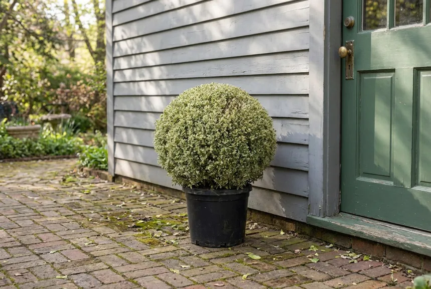 A variegated boxwood ball with cream-edged leaves in a pot beside a shaded side door