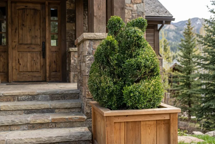 Live boxwood sitting bear topiary in a wooden planter at a lodge entrance