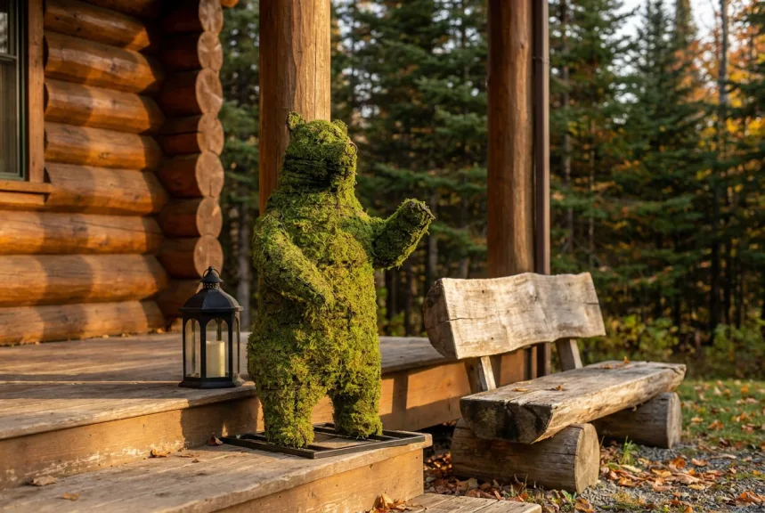 Mossed standing bear topiary with one paw raised on a log cabin porch step