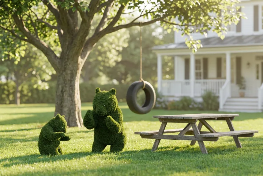 Two small moss bear topiaries on a lawn near a picnic table in a family garden