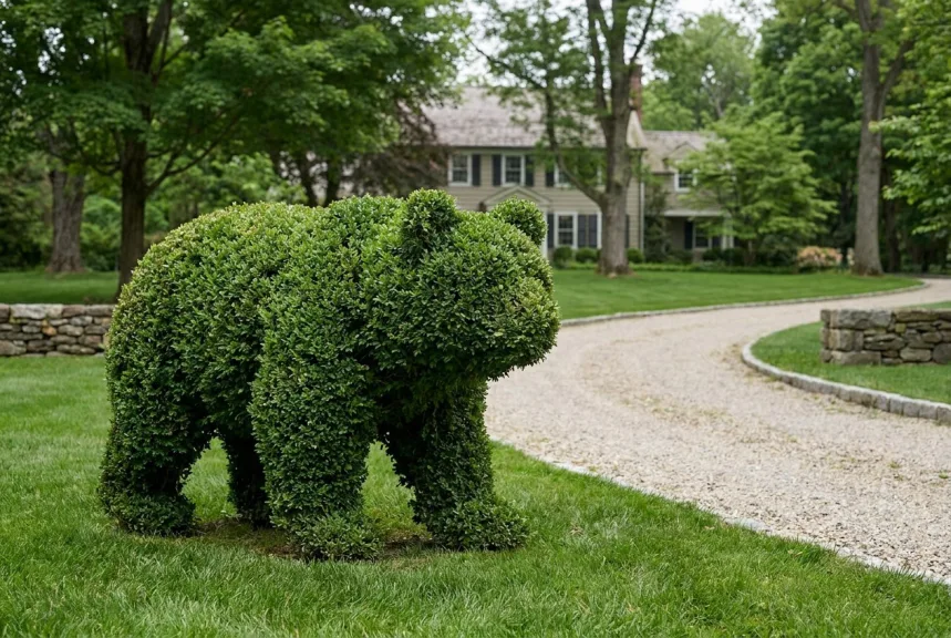 Concept rendering of a live boxwood bear on all fours, clipped smooth, on a lawn