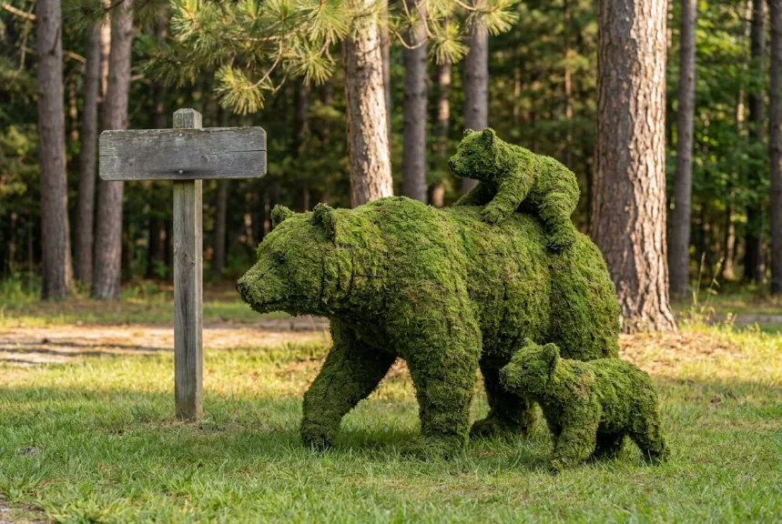 Concept rendering of a mossed mother bear on all fours with two small cubs beside her
