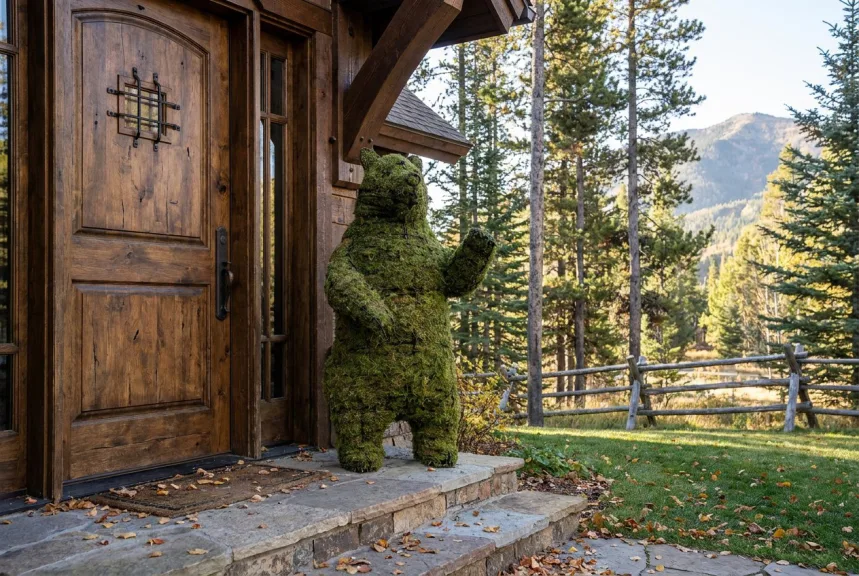 Concept rendering of a life-size mossed bear standing on its hind legs beside a lodge door