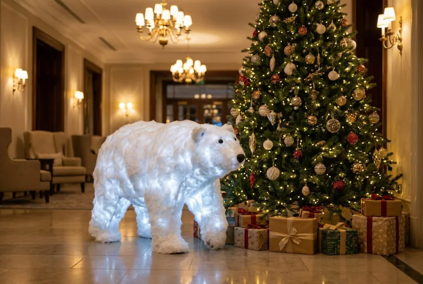 White polar bear figure on all fours beside a decorated tree in a hotel lobby