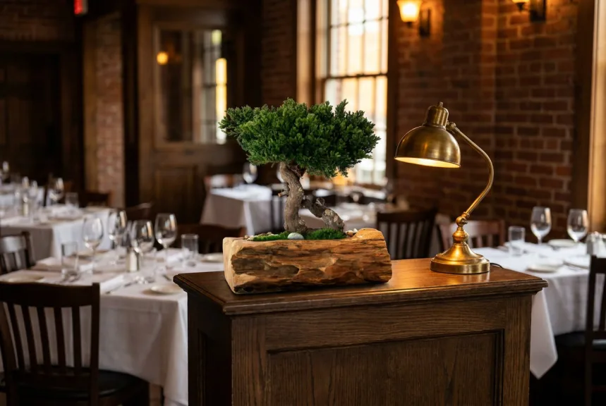 A preserved juniper bonsai in a live-edge teak bowl on a restaurant host stand