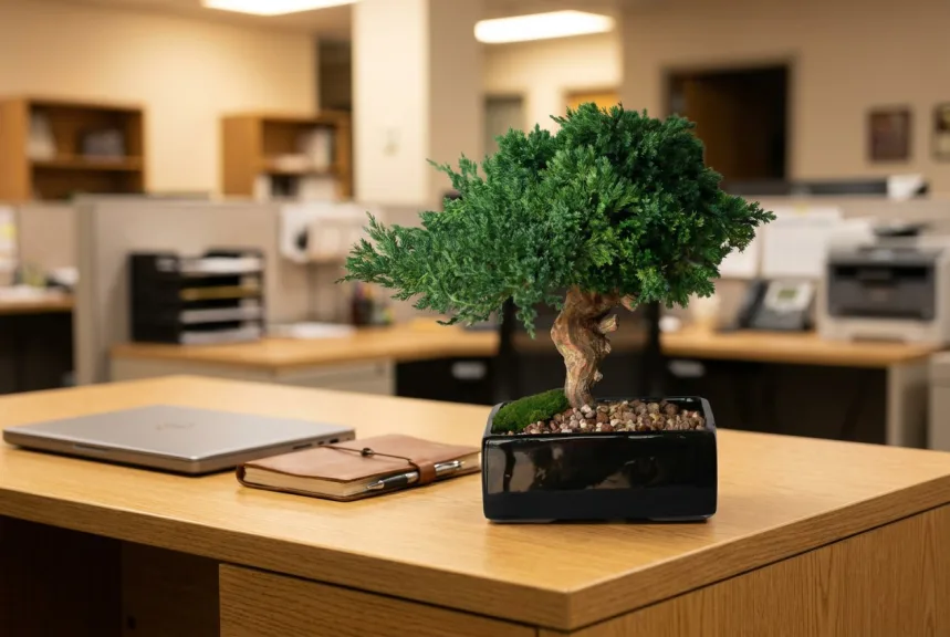 A small preserved bonsai in a glossy black pot on the corner of an office desk