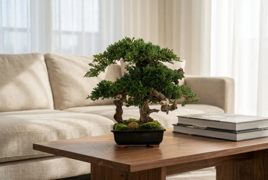 A preserved juniper bonsai in a dark glazed tray on a walnut coffee table