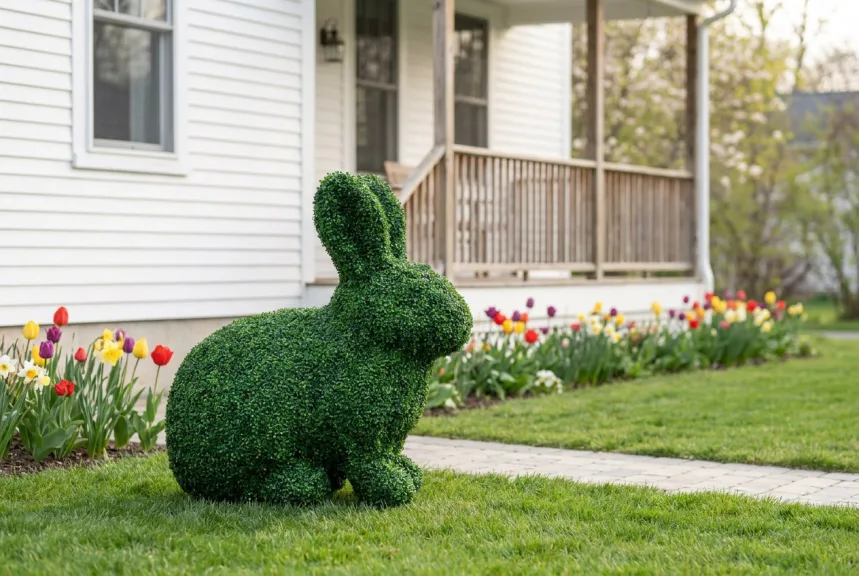 A six-foot rabbit covered in outdoor boxwood foliage on a front lawn in spring