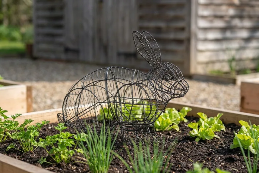 A bare dark wire rabbit topiary frame in a raised bed of herbs and lettuce