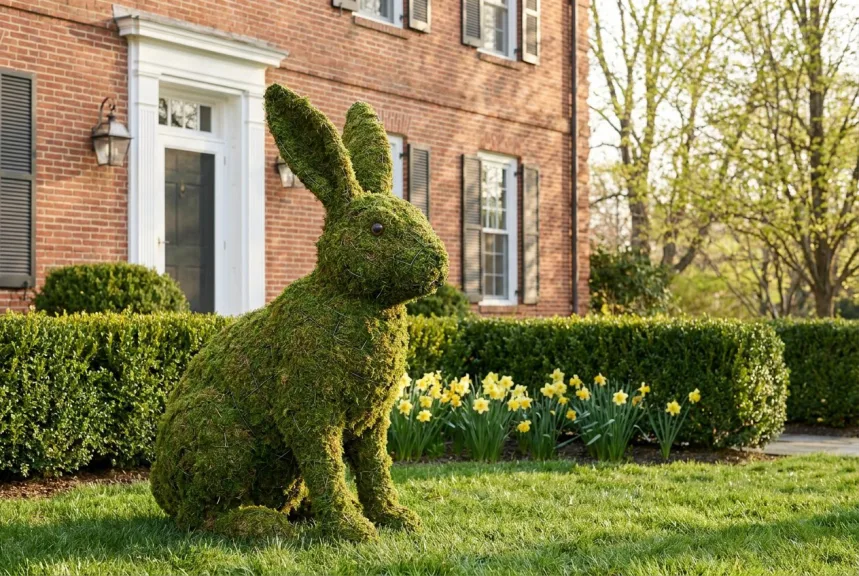 Concept rendering of a large sitting moss rabbit on the front lawn of a brick house