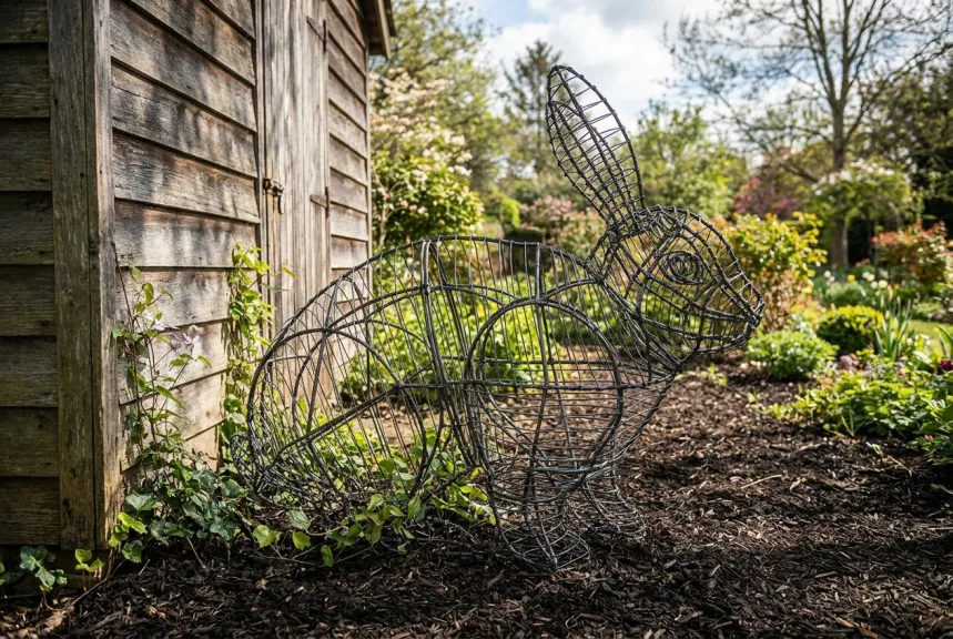 Concept rendering of a large bare wire rabbit frame in a mulched bed with young climbers