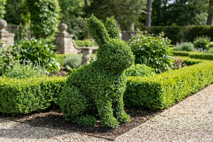 Concept rendering of a live boxwood rabbit topiary clipped over a frame in a formal garden