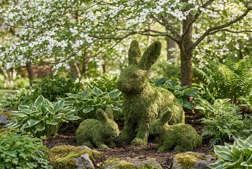 Concept rendering of a moss mother rabbit and two small kits in a shady garden bed