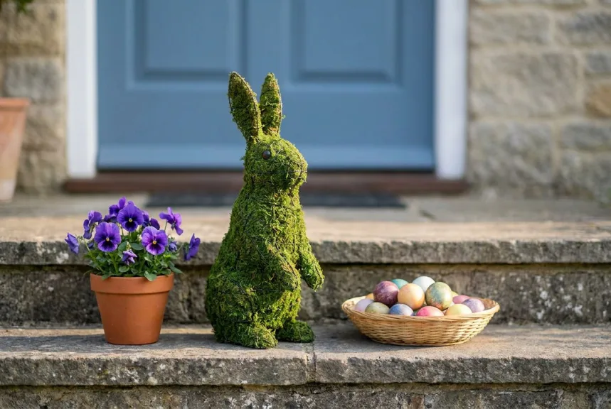 A small upright moss rabbit topiary on a stone porch step beside a pot of pansies