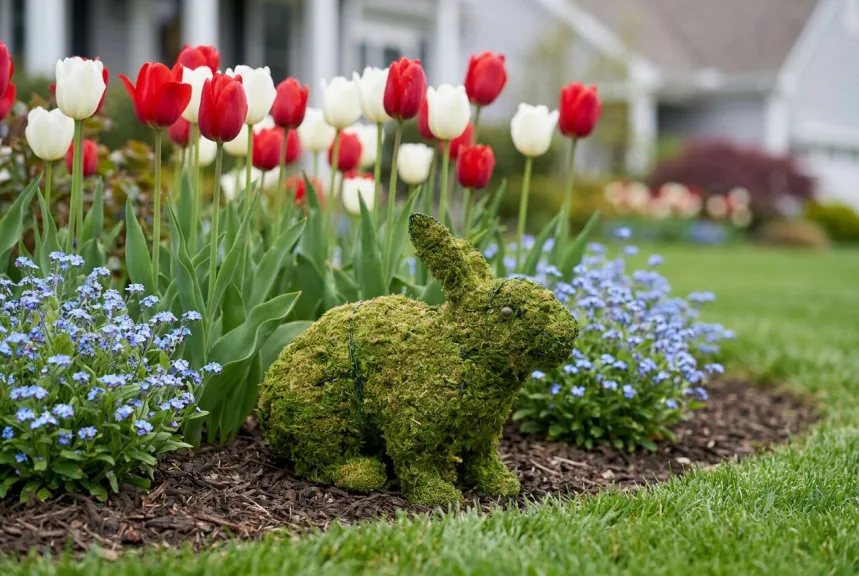 A crouched moss rabbit topiary among tulips and forget-me-nots at the front of a garden border