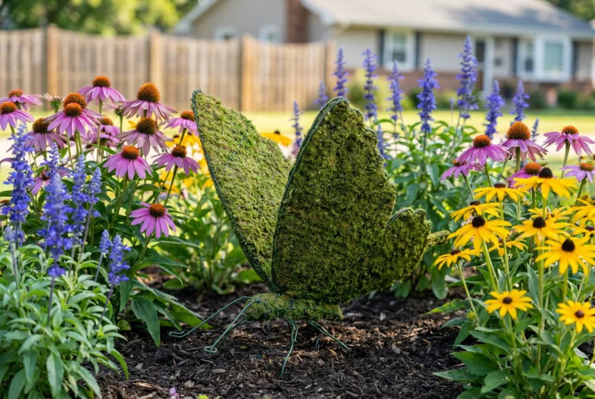 A mossed butterfly topiary with open wings standing among purple coneflowers and salvia