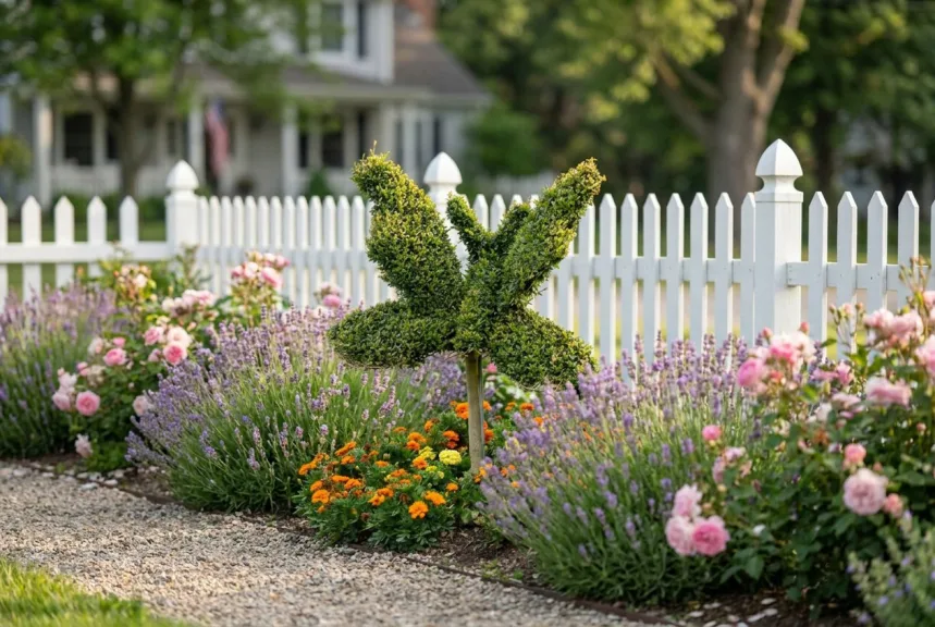 Green butterfly topiary on a ground stake above a cottage border of lavender and roses
