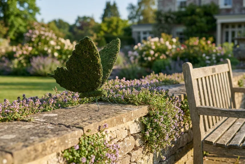 A mossed butterfly topiary with raised wings standing on top of a low stone wall