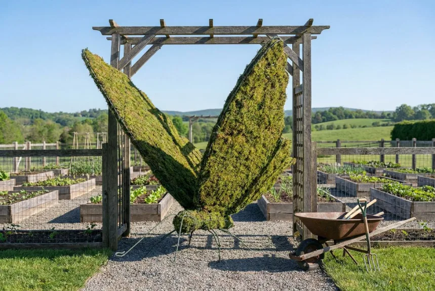 Concept rendering of a very large mossed butterfly at the entrance of a school garden