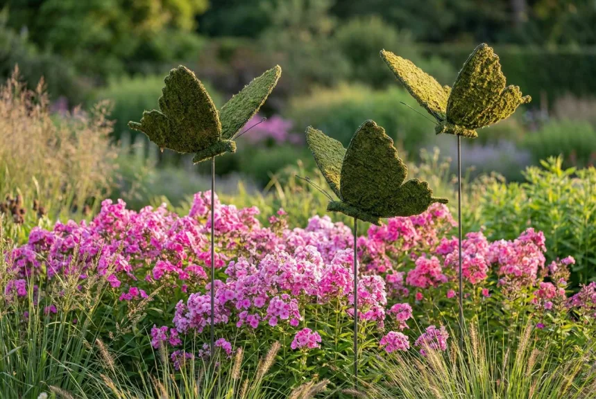 Concept rendering of mossed butterflies on thin stakes at different heights above a flower bed