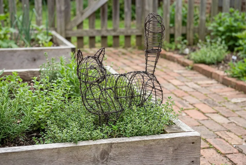 Bare black wire walking cat frame standing among creeping thyme in a raised bed