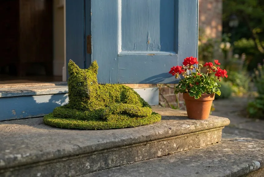 A mossed cat topiary lying curled on a wide stone doorstep beside a blue front door