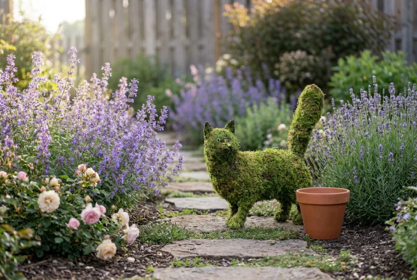 Mossed cat topiary with its tail raised, walking beside a stepping-stone path through catmint