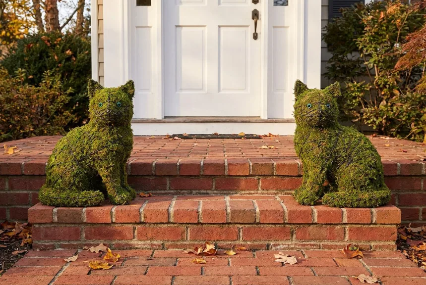 Concept rendering of two mossed cat topiaries sitting on either side of wide porch steps