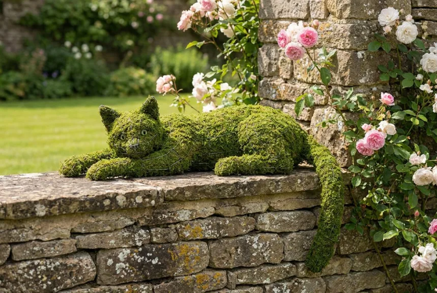 Concept rendering of a mossed cat lying along a stone wall, tail hanging down